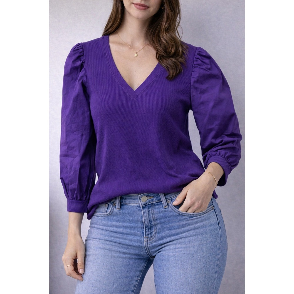 Chico's Mixed Media Puff Sleeve Top Womens 1 M Purple Ribbed V-Neck 3/4 Sleeve